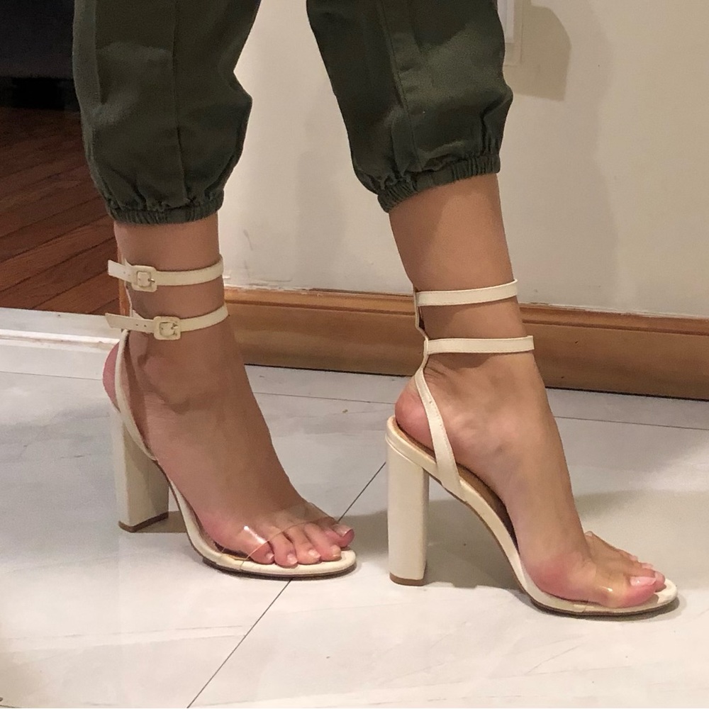 Beige/cream clear strap chunky heels. Size 8.5
